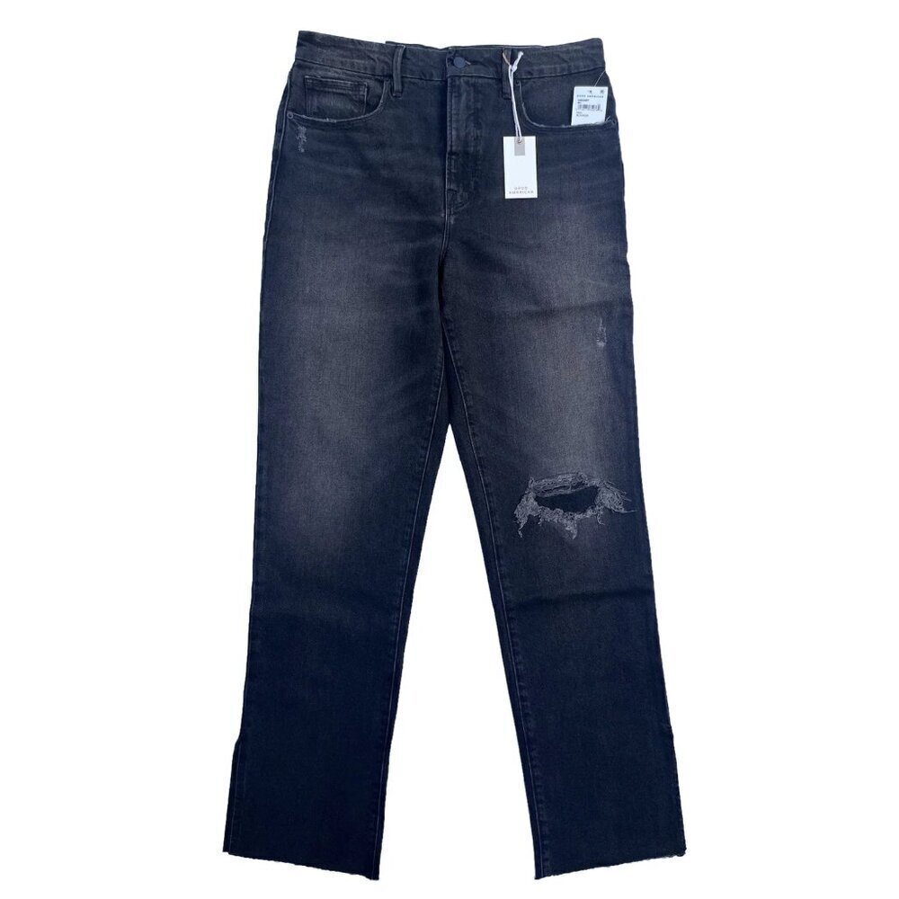 Good American Good Boy Straight Leg Jeans Black Distressed Knee Size 2 - Picture 11 of 16